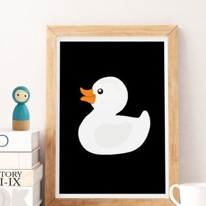 May include: A white rubber duck with an orange beak and eyes on a black background. The duck is in a simple cartoon style.