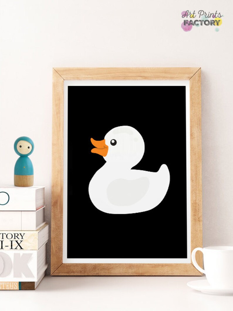 May include: A white rubber duck with an orange beak and eyes on a black background. The duck is in a simple cartoon style.