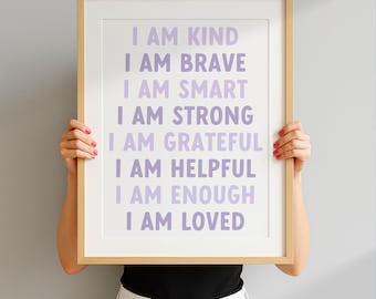 Affirmatieposter paarse pastelkleur: meisjeskamerdecoratie (digitale download), afdrukbare kunst, positieve citaten
