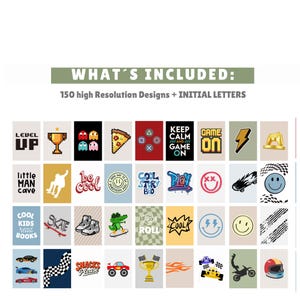Puede incluir: Una colecci&oacute;n digital de 150 dise&ntilde;os de alta resoluci&oacute;n y letras iniciales con diversas ilustraciones gr&aacute;ficas, incluyendo pixel art, monopatines, trofeos, caras sonrientes, coches de carreras y texto como LEVEL UP, KEEP CALM AND GAME ON y COOL KIDS read BOOKS.