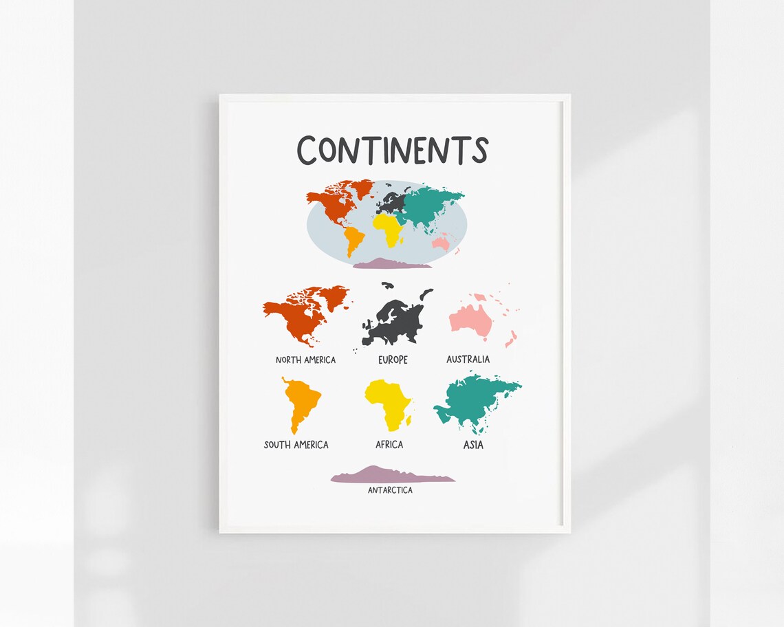 World Map Print for Kids Continents Map Print Homeschool - Etsy