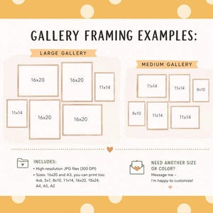 May include: An informational graphic titled GALLERY FRAMING EXAMPLES showing two layouts labeled LARGE GALLERY and MEDIUM GALLERY with frame dimensions in inches. It lists high-resolution JPG files and available sizes including 16x20, A3, 4x6, 5x7, 8x10, 11x14, 18x24, A4, A5, and A2.