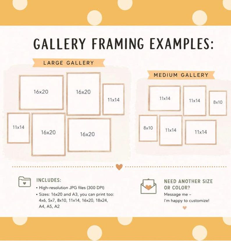 May include: An informational graphic titled GALLERY FRAMING EXAMPLES showing two layouts labeled LARGE GALLERY and MEDIUM GALLERY with frame dimensions in inches. It lists high-resolution JPG files and available sizes including 16x20, A3, 4x6, 5x7, 8x10, 11x14, 18x24, A4, A5, and A2.