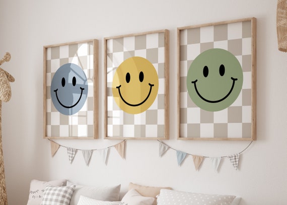 Checkered Smiley Face Poster: Retro Nursery Art (Digital Download)