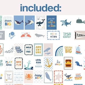 Puede incluir: Una colecci&oacute;n de tarjetas ilustradas con dise&ntilde;os tem&aacute;ticos del oc&eacute;ano. Las tarjetas presentan varias criaturas marinas, citas inspiradoras y frases como "Dream Big", "Ocean Vibes" y "Playroom". La paleta de colores incluye azules, verdes y amarillos.