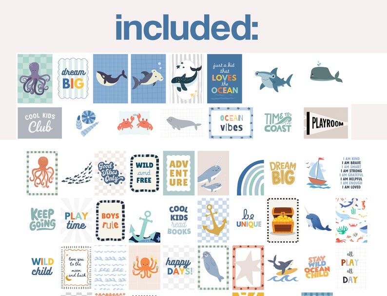 Puede incluir: Una colecci&oacute;n de tarjetas ilustradas con dise&ntilde;os tem&aacute;ticos del oc&eacute;ano. Las tarjetas presentan varias criaturas marinas, citas inspiradoras y frases como "Dream Big", "Ocean Vibes" y "Playroom". La paleta de colores incluye azules, verdes y amarillos.
