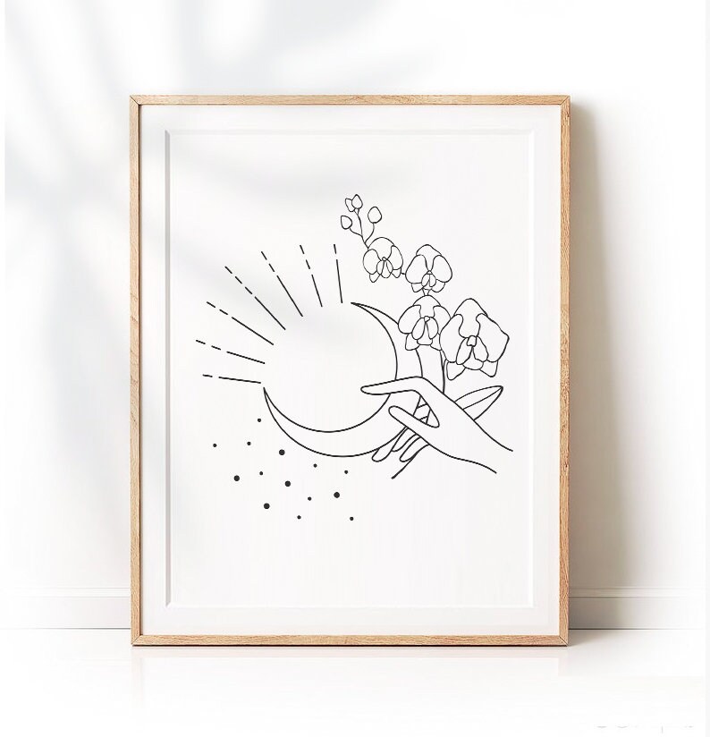 Line Drawing Print Hands With Moon Celestial Line Art Line - Etsy