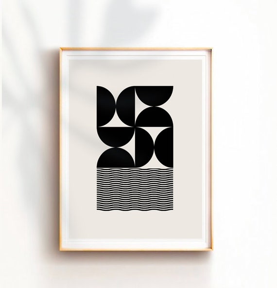 Mid Century Modern Geometric Art Print: Black and White (digital