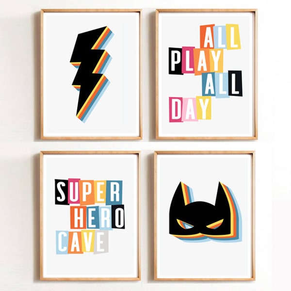 Set of 4 Gallery Wall Art Prints, SUPER HERO Man Cave, Little Boys Play Room, Kids Nursery Decor, trendy kids decor, all play all day, teens