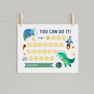 May include: A printable space-themed reward chart with a dinosaur, rocket, and planets. The chart has a title "YOU CAN DO IT!" and says "YOU DID IT!" and "YOUR PRIZE:" at the bottom. There are 20 circles to color in.