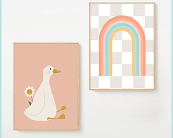 Silly Goose Wall Art, RAINBOW Nursery Decor, Earth Tone Nursery Prints,trendy Nursery Decor, Children’s Room Print, Goose Theme, checkered