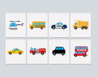 May include: A set of nine framed illustrations of different vehicles, including a helicopter, school bus, police car, dump truck, taxi, fire truck, limousine, and double-decker bus. The illustrations are in a cartoon style and feature bright colors.