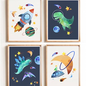 Dinosaur Space Nursery Art Prints, Set of 4 (Digital Download)