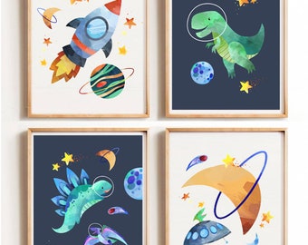 Arte de la pared del vivero de dinosaurios, conjunto de 4, arte de la pared espacial, impresiones de dinosaurios, impresión de la guardería T-Rex, arte del dormitorio de los niños, decoración del vivero del espacio, arte de la luna