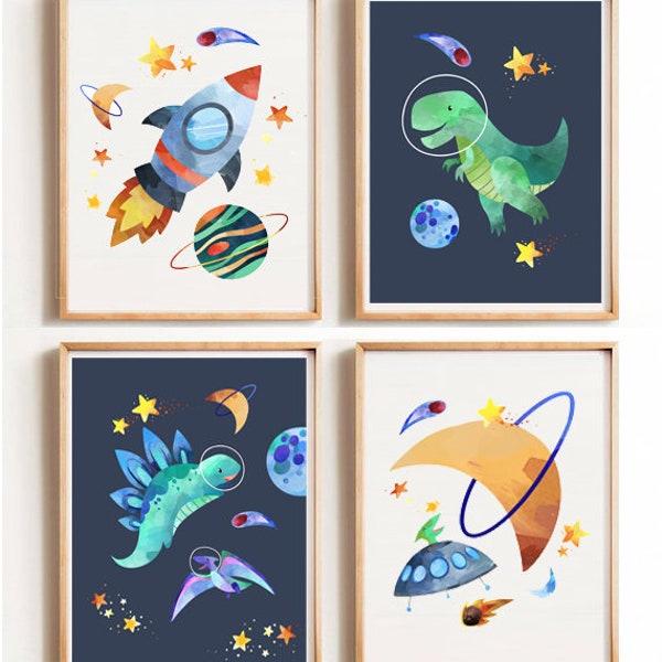 Dinosaur Nursery wall art, Set of 4, Space wall art, dinosaur prints, T-Rex Nursery print, boys bedroom art, space nursery decor, moon art