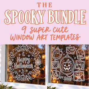 Mall för Halloween-fönster, PAKETPACK med kritpenna och fönsterkonst, SPÅRBAR, utskrivbar spökdesign, målningsguide, återanvändbart pysselprojekt