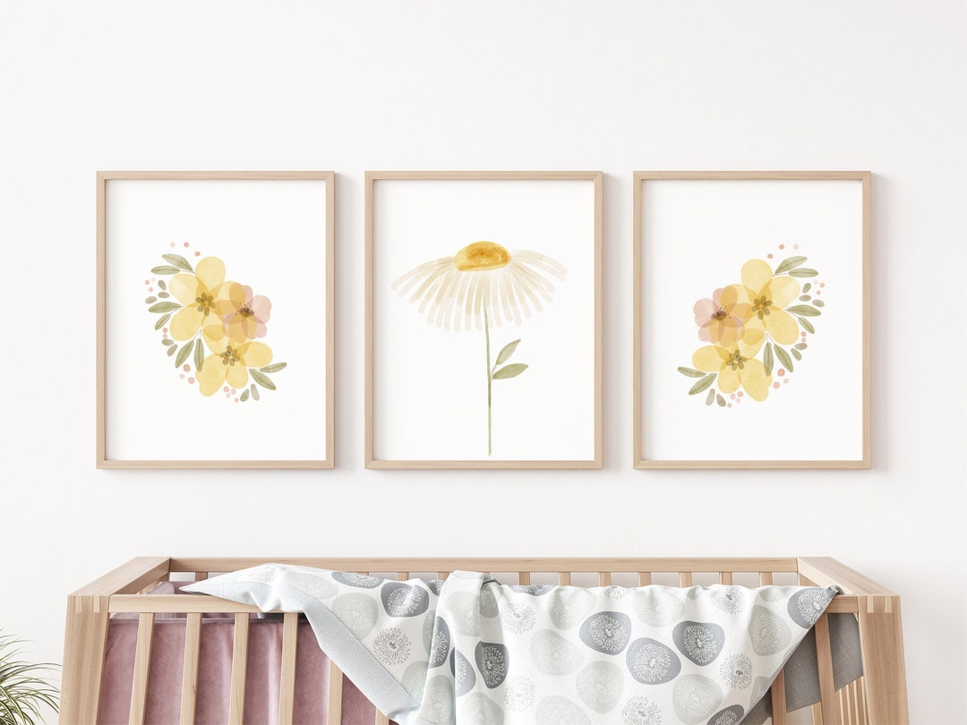 Watercolor Daisy Nursery Prints: Neutral Floral Wall Art (set of 3 ...