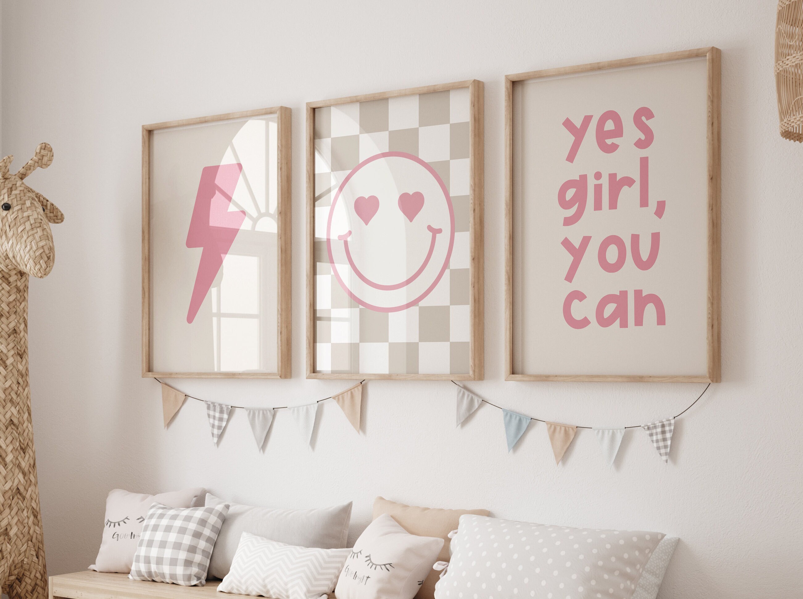 Toddler girl wall art,Smiley Face Print, girl Wall Art, Girls Nursery Wall Art, Set of 3 Prints, yes you can, Girls Room Decor,Nursery Print