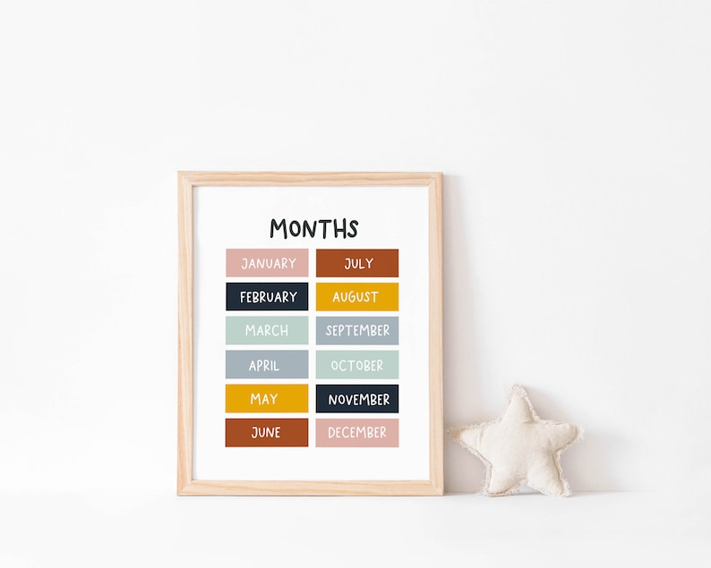 May include: A framed print with the word "MONTHS" at the top and a list of the months of the year in a colourful grid. Each month is written in white text on a coloured rectangle. The colours are peach, dark blue, light blue, grey, yellow, brown, light green, and pink.