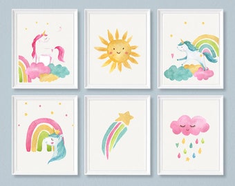 Unicorn kids prints, Kids Room Art, Childrens Wall Art, Set 6 Prints, nursery 6 prints, watercolor Pastel Art, Cloud Rainbow Nursery Print