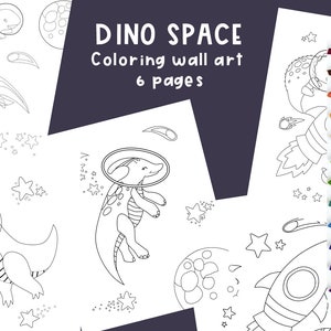 May include: A set of six black and white colouring pages featuring dinosaurs in space. The pages include dinosaurs wearing astronaut helmets, planets, stars, and comets. The title "DINO SPACE Colouring wall art 6 pages" is at the top of the image.