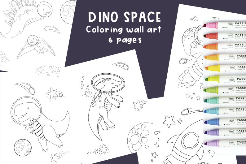 May include: A set of six black and white coloring pages featuring dinosaurs in space. The pages include dinosaurs wearing astronaut helmets, planets, stars, and comets. The title "DINO SPACE Coloring wall art 6 pages" is at the top of the image.