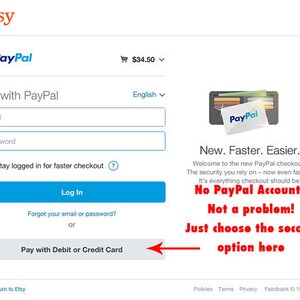 Puede incluir: P&aacute;gina de pago de Etsy con un bot&oacute;n azul que dice "Pagar con d&eacute;bito o tarjeta de cr&eacute;dito" y una flecha roja que apunta al bot&oacute;n. El texto "Solo elige la segunda opci&oacute;n aqu&iacute;" est&aacute; escrito en rojo debajo del bot&oacute;n. El texto "&iquest;No tienes cuenta de PayPal? &iexcl;No hay problema!" est&aacute; escrito en rojo encima del bot&oacute;n.