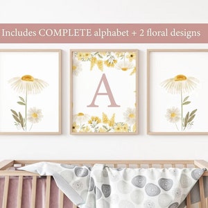 Arte de pared de vivero boho, CARTA PERSONALIZADA, Decoración de vivero de flores silvestres, Vivero floral, Decoración de vivero de niñas, vivero de flores vintage, Estampado botánico,