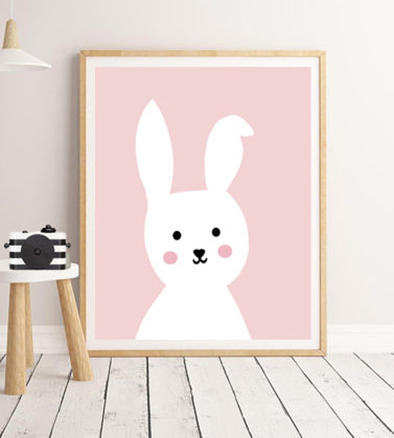 Pink Bunny Nursery Art Print, Woodland Animal Wall Decor (digital ...