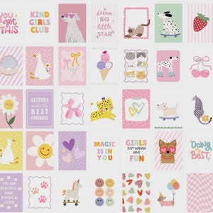 May include: A collection of rectangular wall art prints featuring various illustrations including smiley faces, animals, rainbows, flowers, and motivational text like You Got This, Kind Girls Club, and Magic Is In You, arranged in a grid pattern.