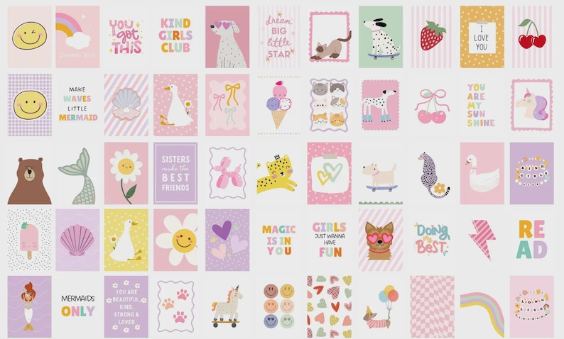 May include: A collection of rectangular wall art prints featuring various illustrations including smiley faces, animals, rainbows, flowers, and motivational text like You Got This, Kind Girls Club, and Magic Is In You, arranged in a grid pattern.