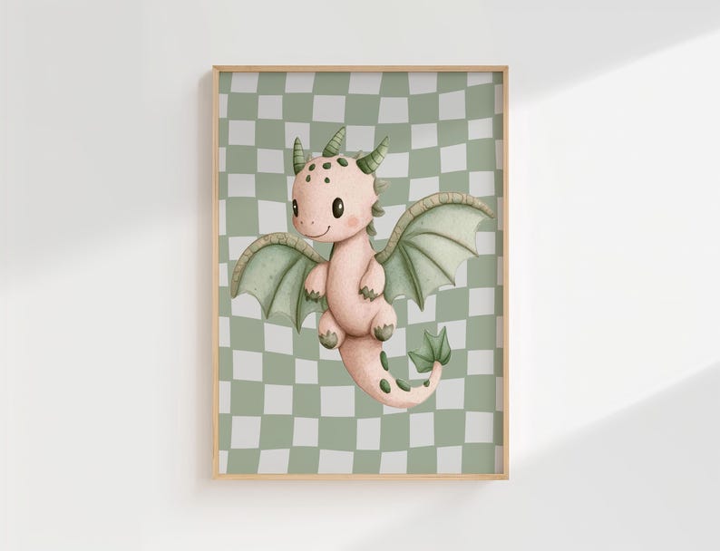 Baby Dragon Nursery Prints: Checkered Pastel Boys Room Decor (set of 3 ...