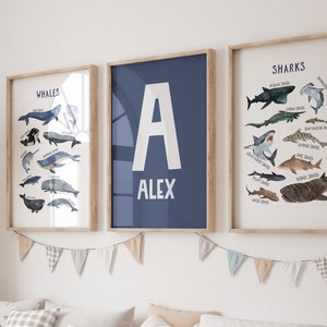 Personalized Wall Art for Kids Room Custom, shark and whales, Shark Name Decor, Nursery wall art, Playroom Decor,Shark Gifts Decor Set of 3