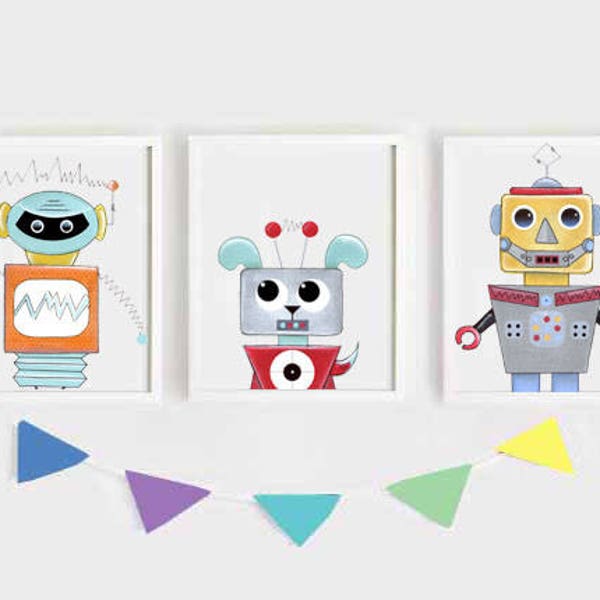 Set Of 3 Robot Prints, Toy Illustration, Nursery Wall Art, Boy Baby Children Kids Room Decor, Printable Poster, Digital File, robots nursery