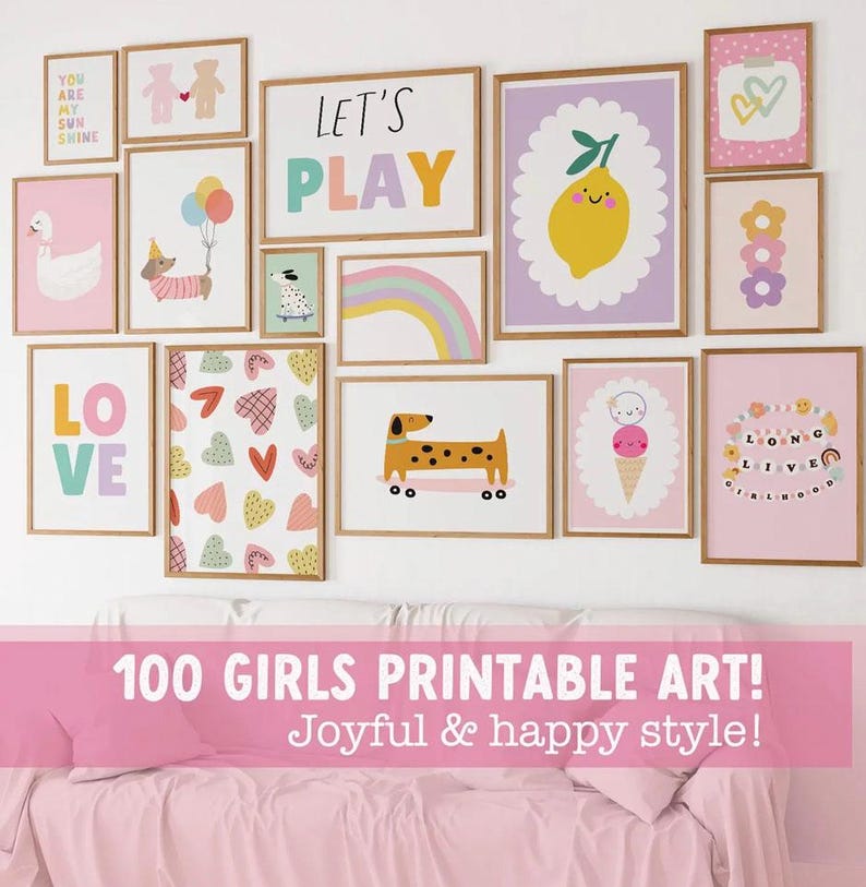 May include: A gallery wall collection of fifteen framed art prints featuring colorful illustrations of animals, rainbows, hearts, a lemon, and text including Let's Play, Love, and You Are My Sun Shine, displayed in various sizes with light wood frames.