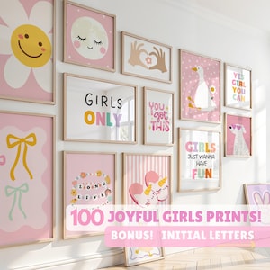 Girls Nursery Prints Set: Colorful Kids Room Wall Art (Digital Download) and Initial letters