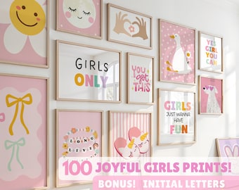 女の子の保育園プリントセット：カラフルな子供部屋の壁アート（デジタルダウンロード）と頭文字