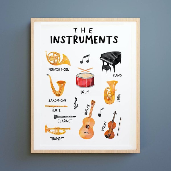 Instrumentos de aprendizaje de impresión, Arte de Instrumentos Musicales, impresiones de la escuela en casa, Instruments Wall Art, recursos de aprendizaje, impresión musical en el aula,