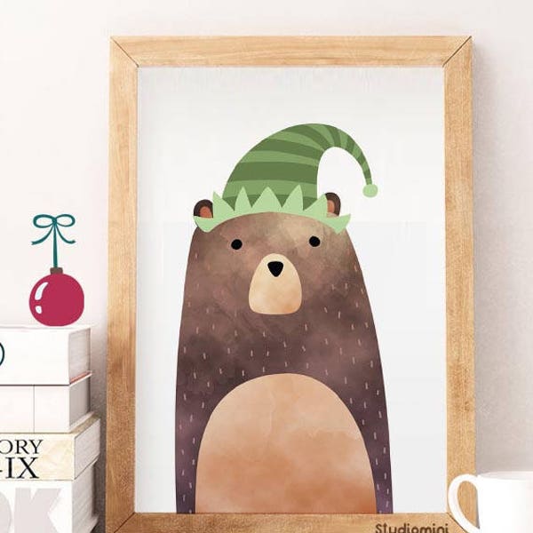 Christmas Decorations, Bear elf print, Merry Christmas Wall Art, Holiday Prints, Christmas Printables, art prints, Holiday Decor,nursery art