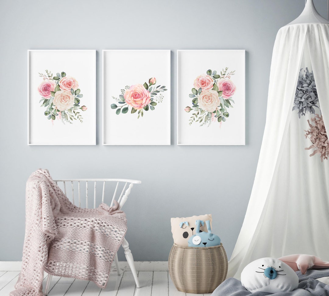 Floral Girls Nursery Prints Set: Blush Pink Rose Art (digital Download ...