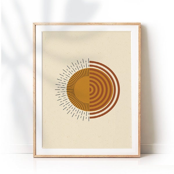 Abstract Sun Art Print, Boho Decor, modern sun, Mid Century Modern, Printable Art, Sunburst Neutral Colors Wall Art,lines Rust Orange Sunset