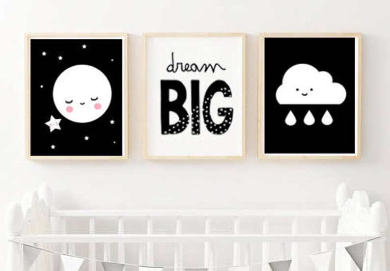 Set of 3 Moon Cloud Nursery Decor Kids Prints Black Wall Etsy