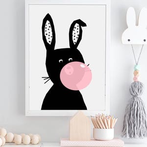 Rabbit wall art, Bunny with gum nursery decor, Woodland Nursery prints, Woodland nursery, monochrome nursery ,Forest animal theme,Bunny art image 3