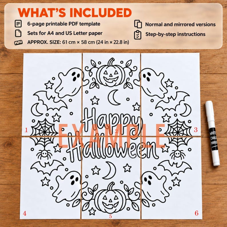 DIY Halloween Craft Printable Window Template Ghost Stencil Design Pattern Chalk Marker Glass Art Seasonal Home Decoration Digital Download Easy Traceable Project Beginner Friendly Classroom Display Complete Instructions Six Page PDF