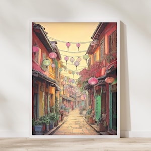 Wietnam Hoi An Lantern Alley Print- Boho akwarela Wietnamska sztuka, Różowa Hoi An Street Art, Dekoracja Festiwalu Latarni, Prezent z Wydrukiem Podróży A3 A4 A5