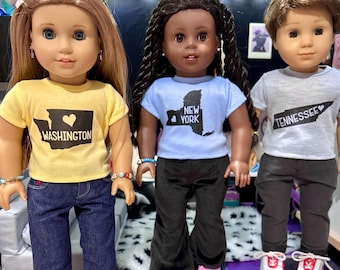 Camisetas personalizadas con gráficos de los 50 estados para muñecas de 18 pulgadas.