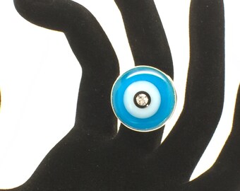 Blue Evil Eye Ring, Evil Eye Ring, Cubic Zirconia Ring, Fused Glass Jewelry, White Eye, Eye Jewelry, Protection Ring, Lucky Charm, Nazar