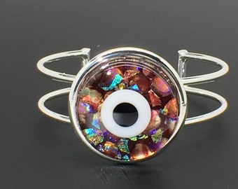 Evil Eye Bracelet, Red Evil Eye, Dichroic Glass Bracelet, Amulet Bracelet, Cuff Bracelet, Silver Bracelet, Fused Glass Jewelry, Lucky Charm