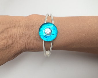 Dichroic Glass Bracelet, Ocean Blue with Clear Cubic Zirconia Bracelet, Blue Bracelet, Fused Glass Jewelry, Cubic Zirconia, Adjustable Cuff