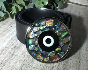 Dichroic Glass Belt Buckle, Evil Eye Belt Buckle, Black Evil Eye, Glass Buckle, Belt, Evil Eye Buckle, Black Evil Eye, Protection Amulet